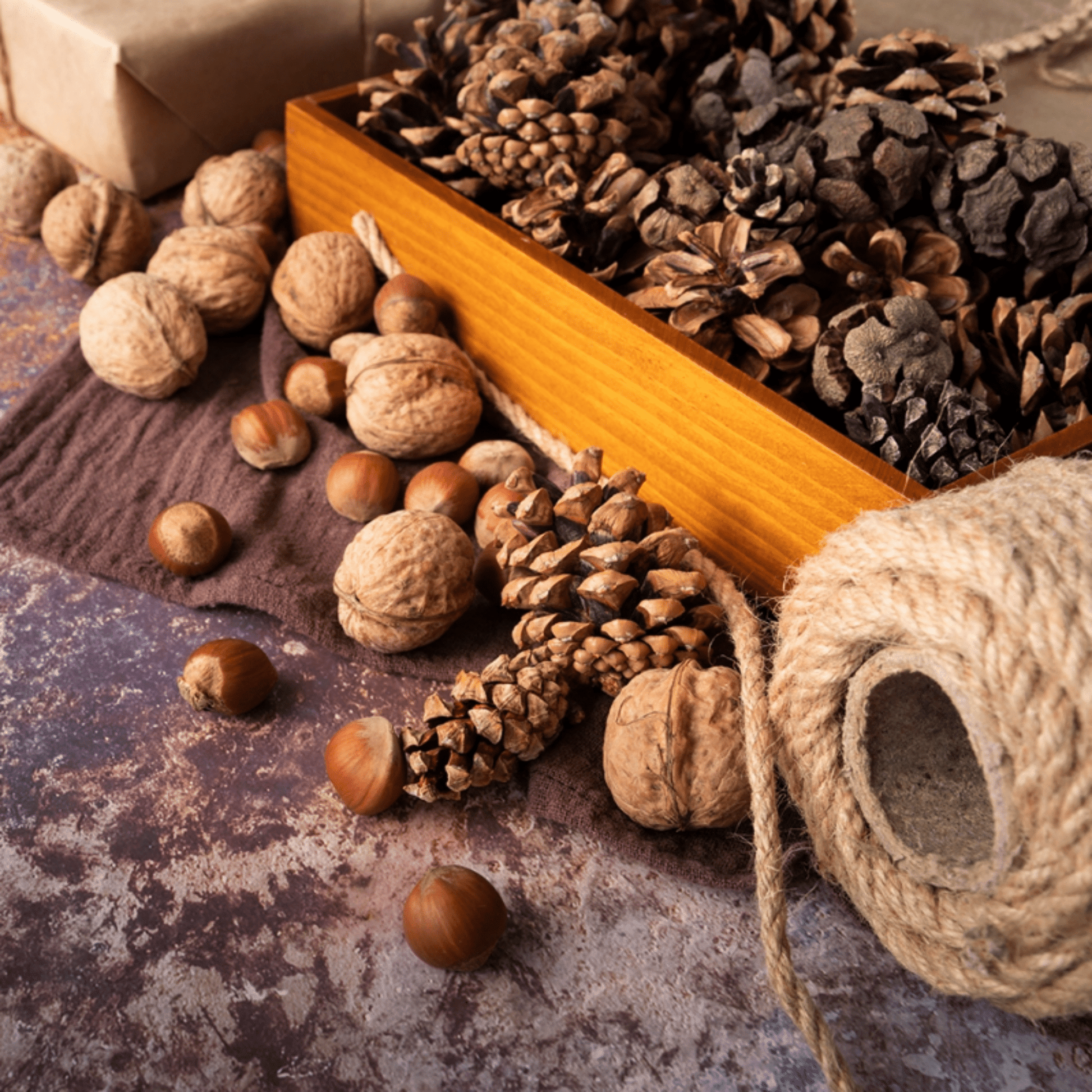 Rudos spalvos pušies kankorėžiai floristikai ir „pasidaryk pats“ projektams