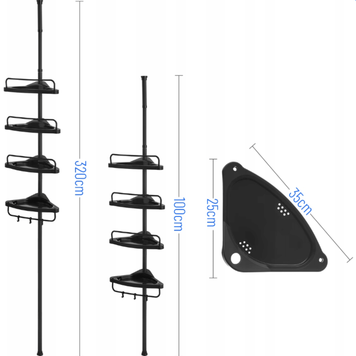 Reguliuojamo aukščio kampinė vonios lentyna 100–320 cm juodos spalvos