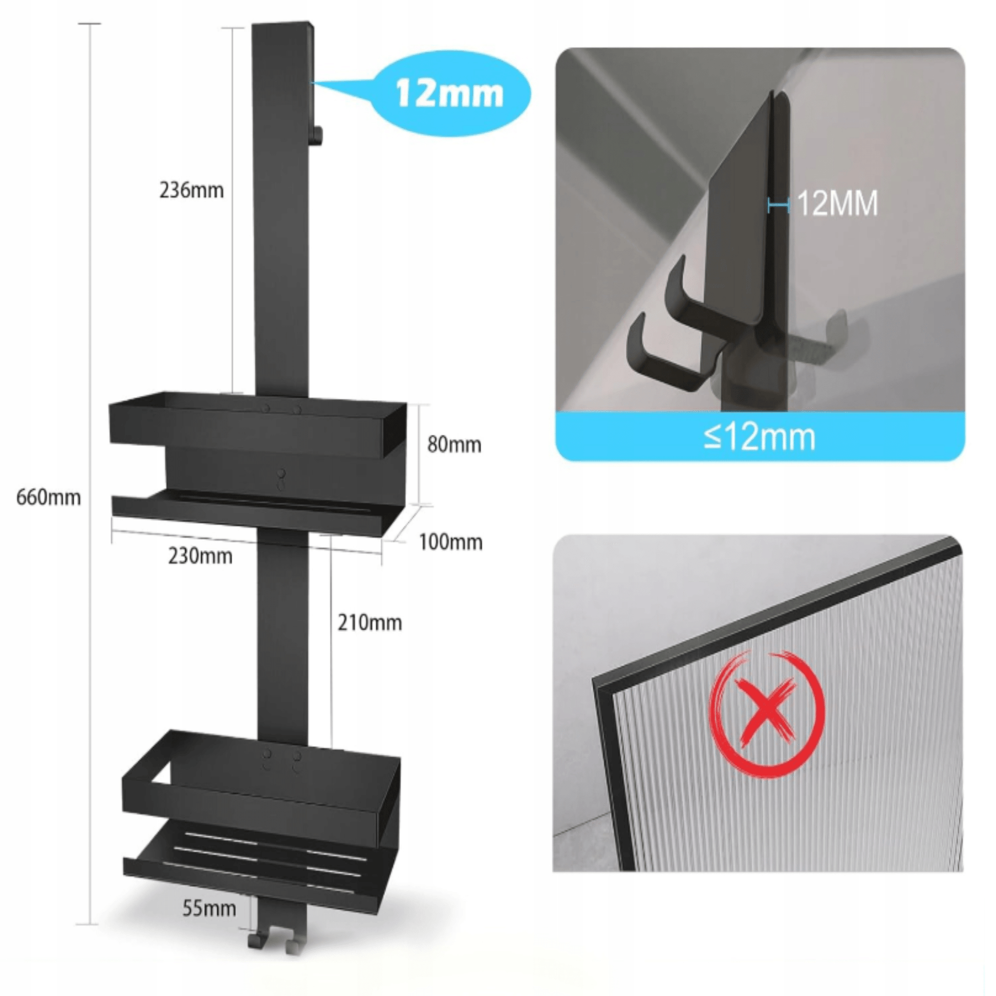 Juoda dušo lentyna kabinama ant stiklinių dušo durų