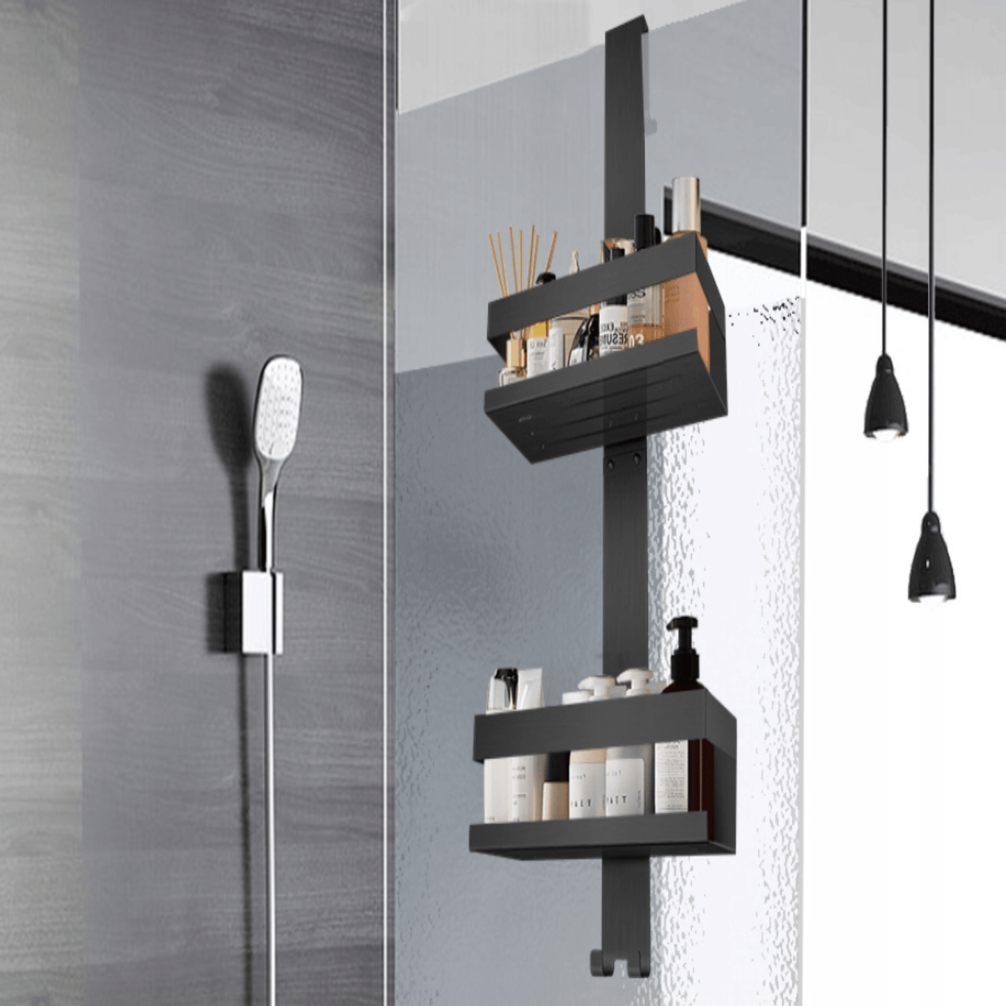 Metalinė dušo lentyna su rankšluosčių kabliukais