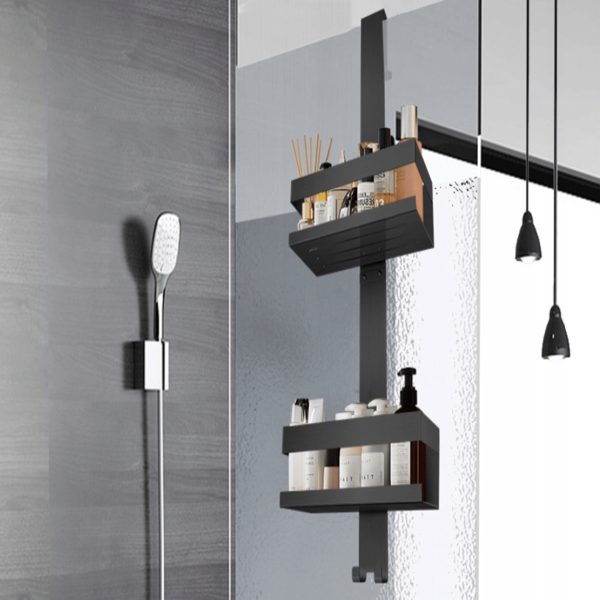 Metalinė dušo lentyna su rankšluosčių kabliukais