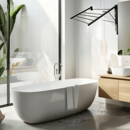 Praktinė sulankstoma skalbinių džiovyklė juoda, taupanti vietą ir patogi naudoti