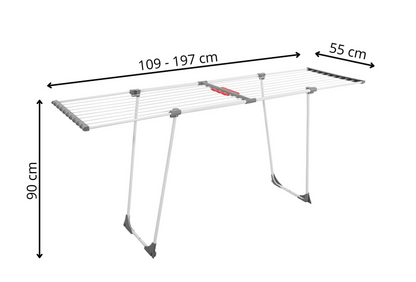 Džiovyklė skalbiniams su reguliuojamu ilgiu nuo 109 iki 197 cm