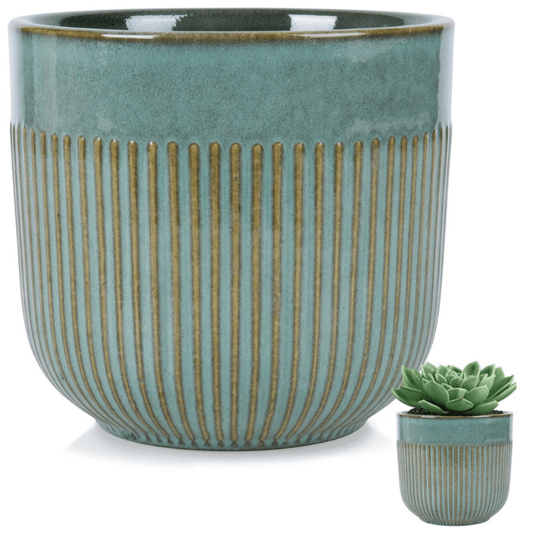 Glazūruotas porcelianinis vazonas aukščio 12,5 cm ir skersmens 14 cm, tinkamas augalų sodinimui tiesiogiai