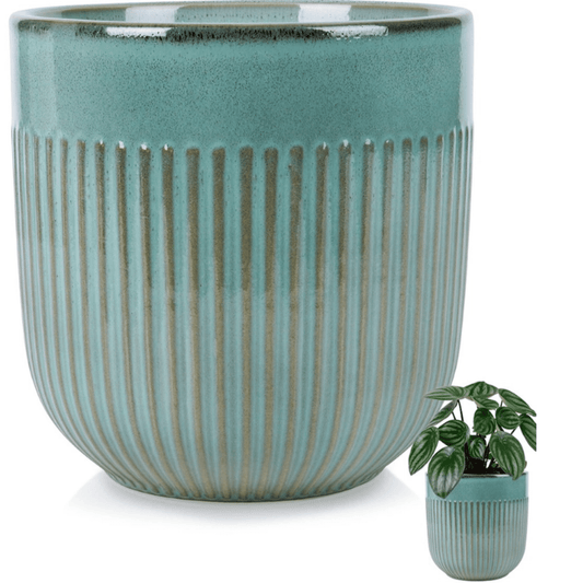 Glazūruotas porcelianinis vazonas, 15,5 cm aukščio ir 17 cm skersmens, skirtas augalų sodinimui tiesiogiai.