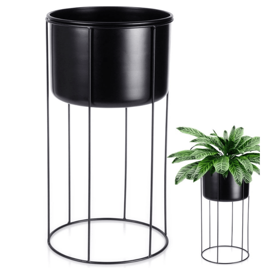 Modernus metalinis vazonas su stovu, juodos matinės spalvos