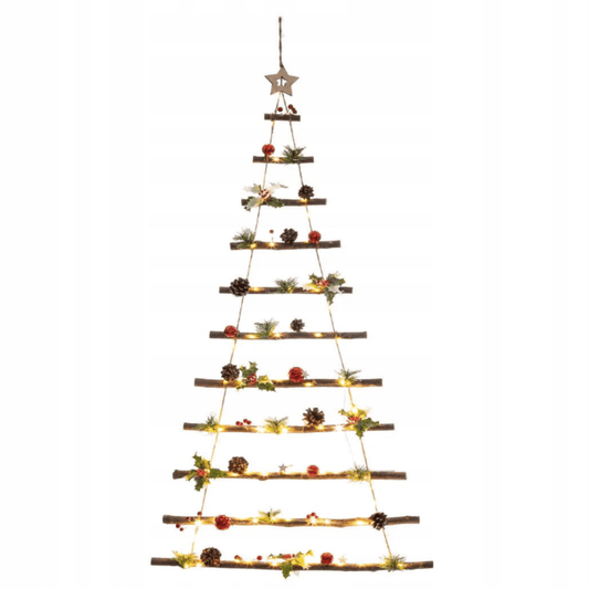 Kalėdinė LED eglutė ant sienos – žali, balti ir raudoni dekoracijos akcentai