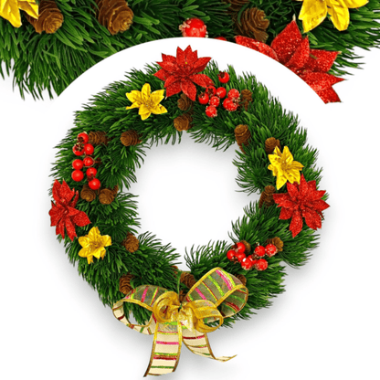 Didelis kalėdinis vainikas 38 cm su raudonomis puansetijomis ant durų