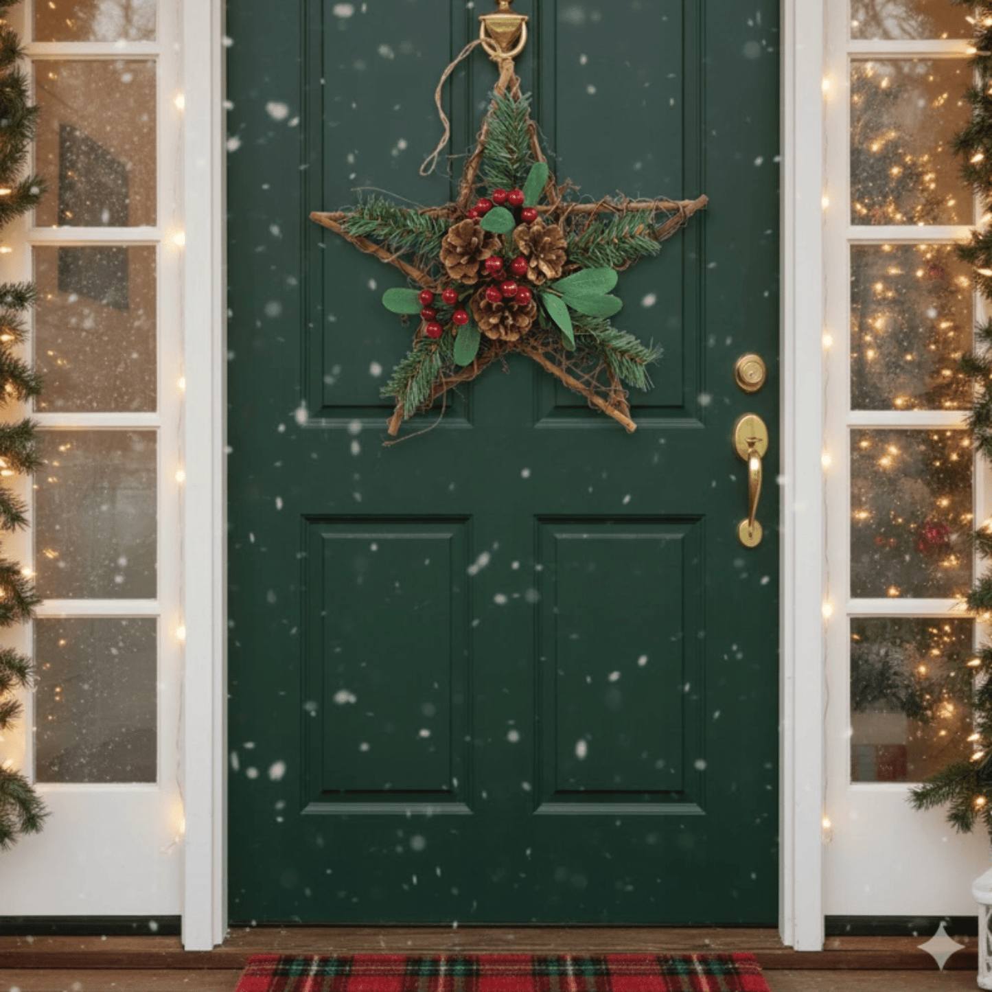 Ekologiška rotango žvaigždė su žalių ir raudonų šakelių papuošimais Kalėdoms