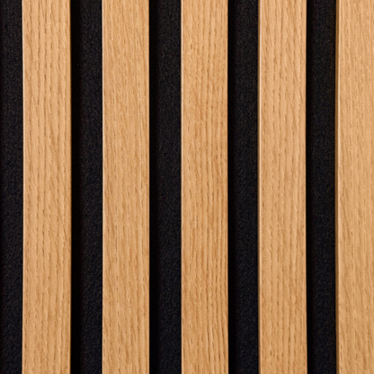 Akustinės MDF lamelės Windsor ąžuolo spalvos ant juodo akustinio veltinio sienai