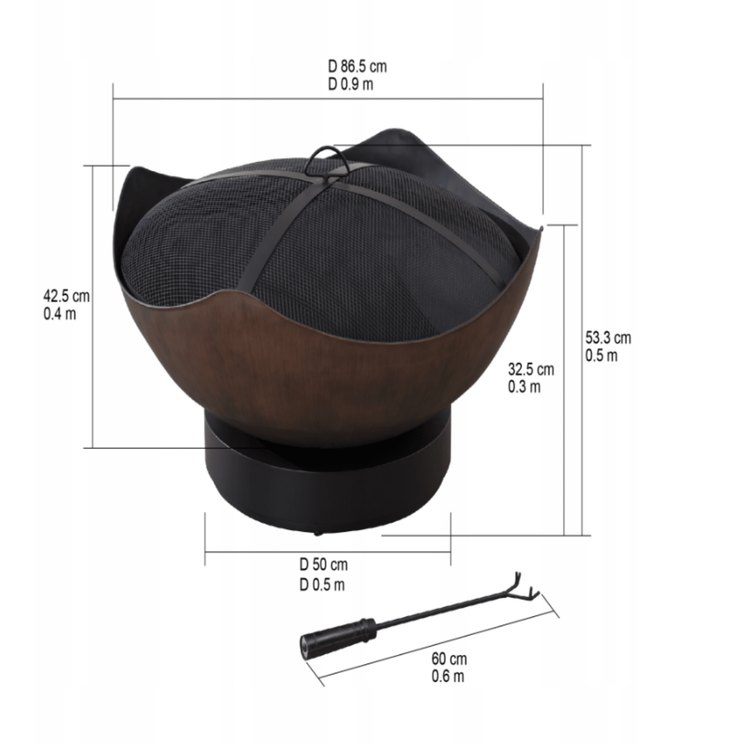 Didelis sodo židinys su dangčiu nuo kibirkščių ir giliu dubeniu 29 cm