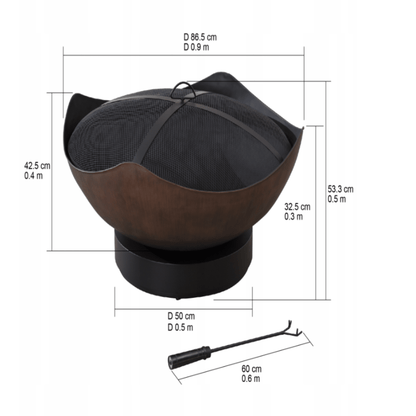 Didelis sodo židinys su dangčiu nuo kibirkščių ir giliu dubeniu 29 cm