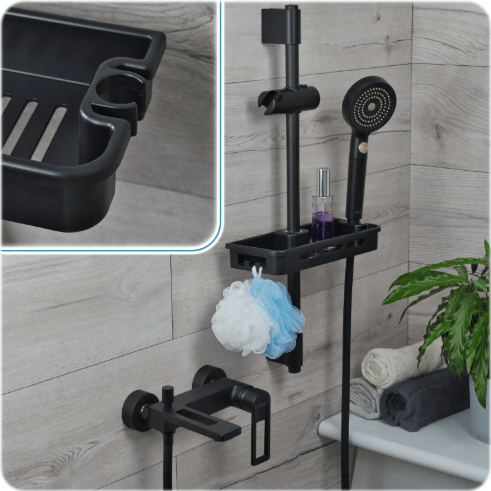 Reguliuojamo montavimo kosmetinė lentynėlė dušo kabinai be gręžimo