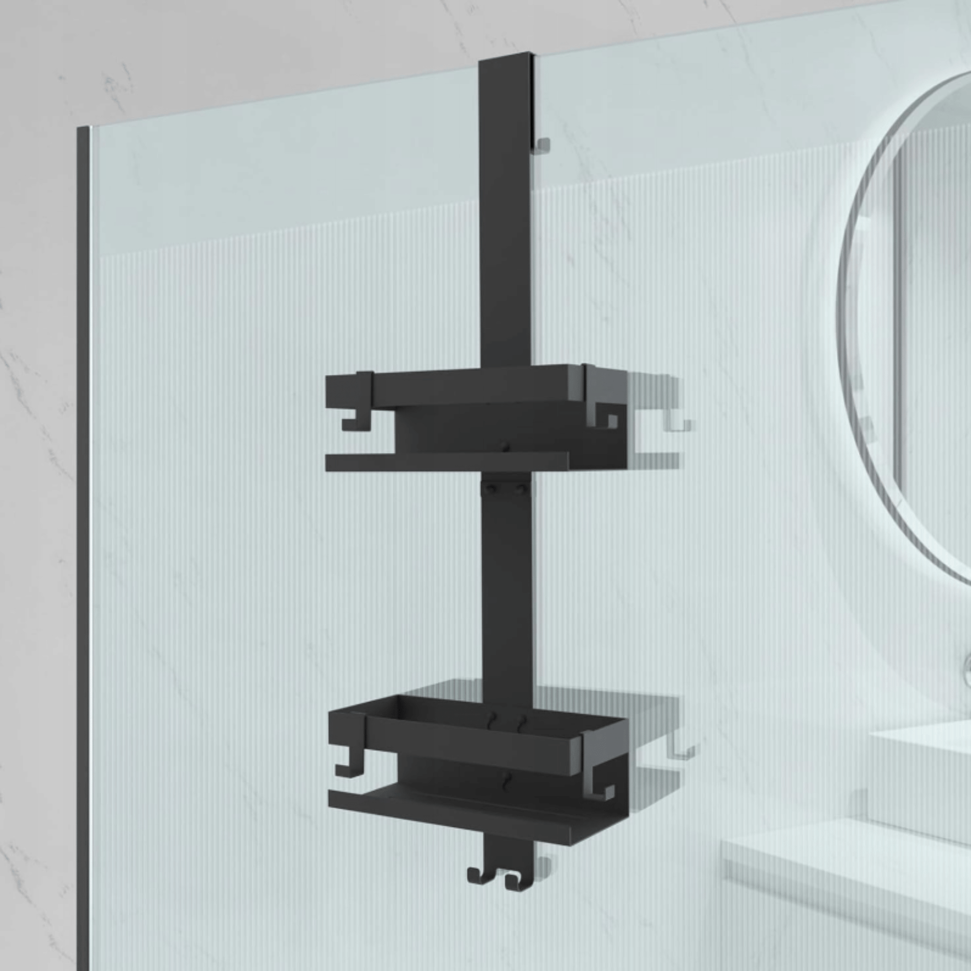 Juodas vonios aksesuaras daiktų laikymui duše