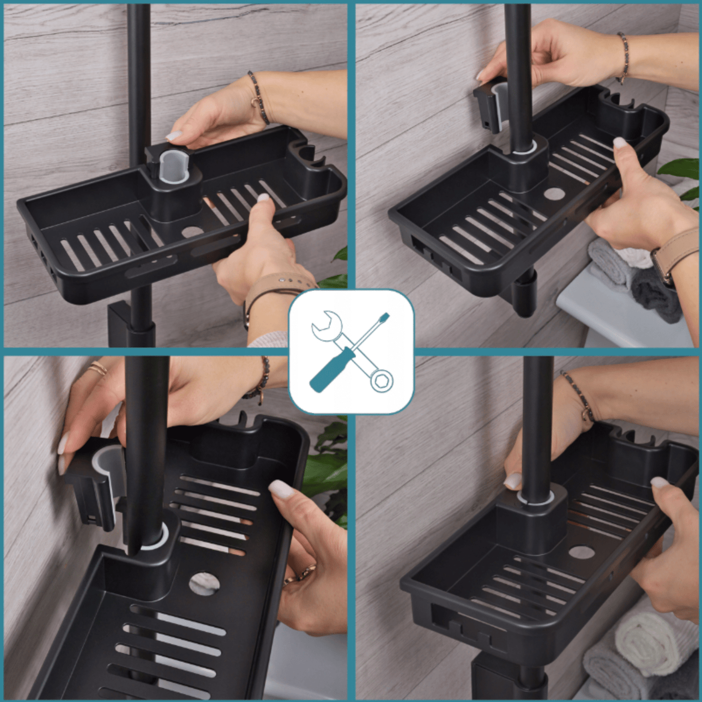 Juoda dušo lentynėlė tvirtinama ant dušo strypo su drenažo angomis