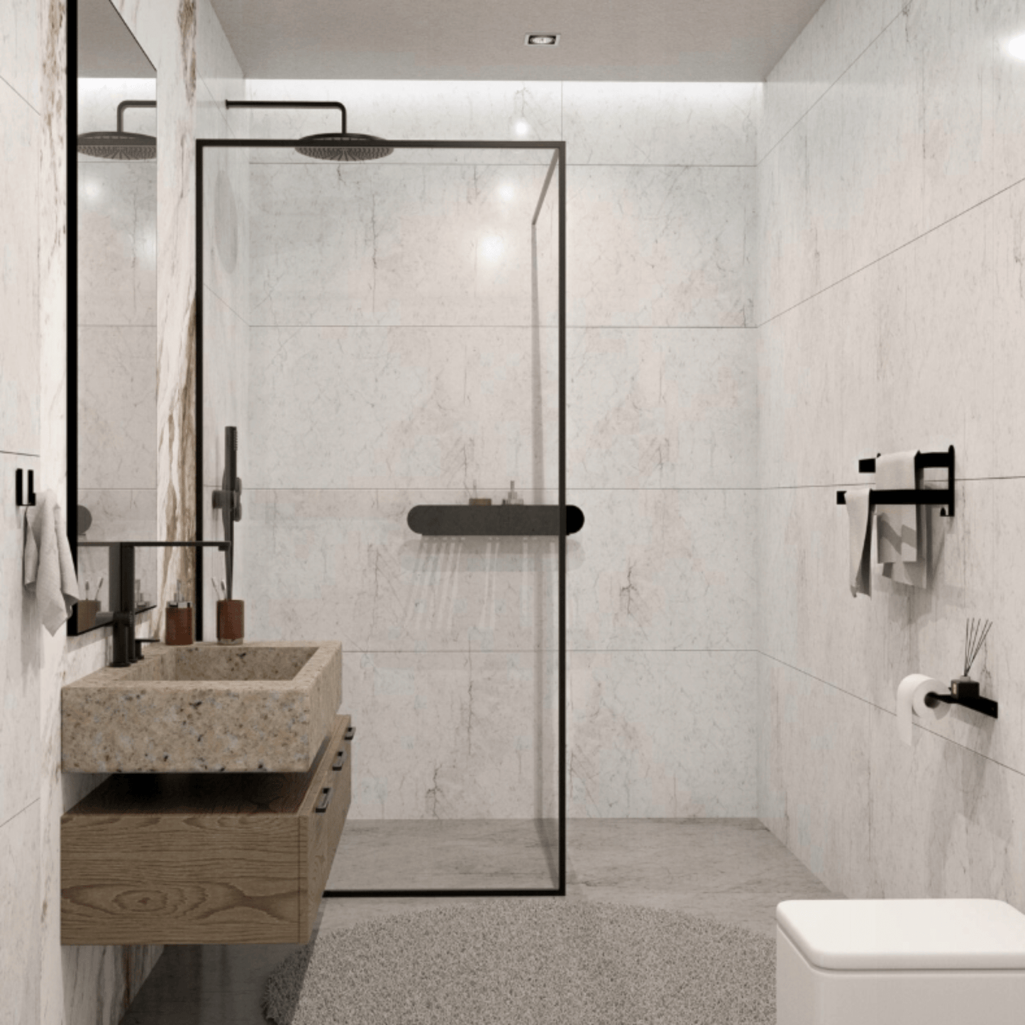 Juoda vonios lentyna pritvirtinta prie sienos dušo kabinoje