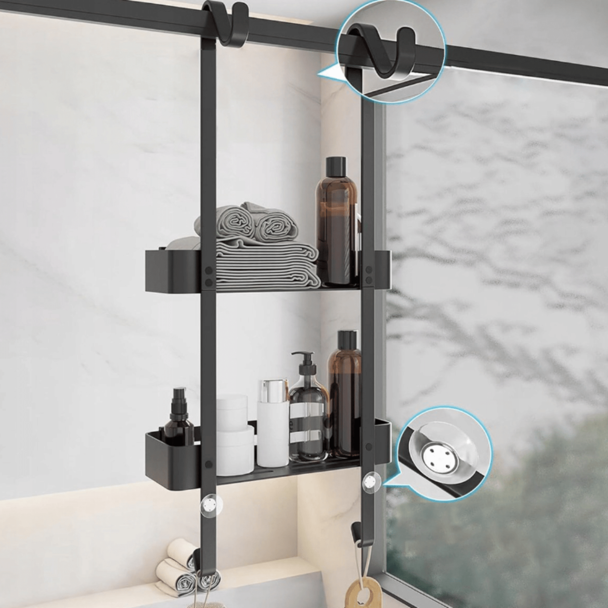 Pakabinama dviejų pakopų dušo lentyna su kabliukais ir drenažu