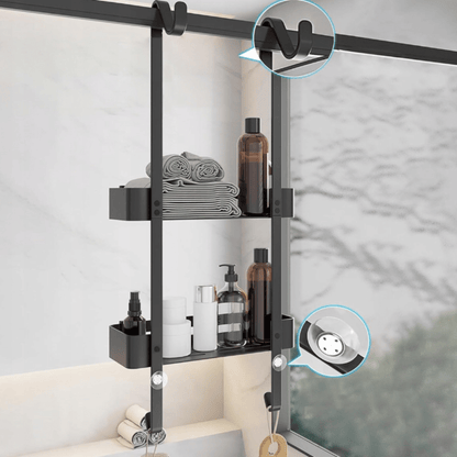 Pakabinama dviejų pakopų dušo lentyna su kabliukais ir drenažu