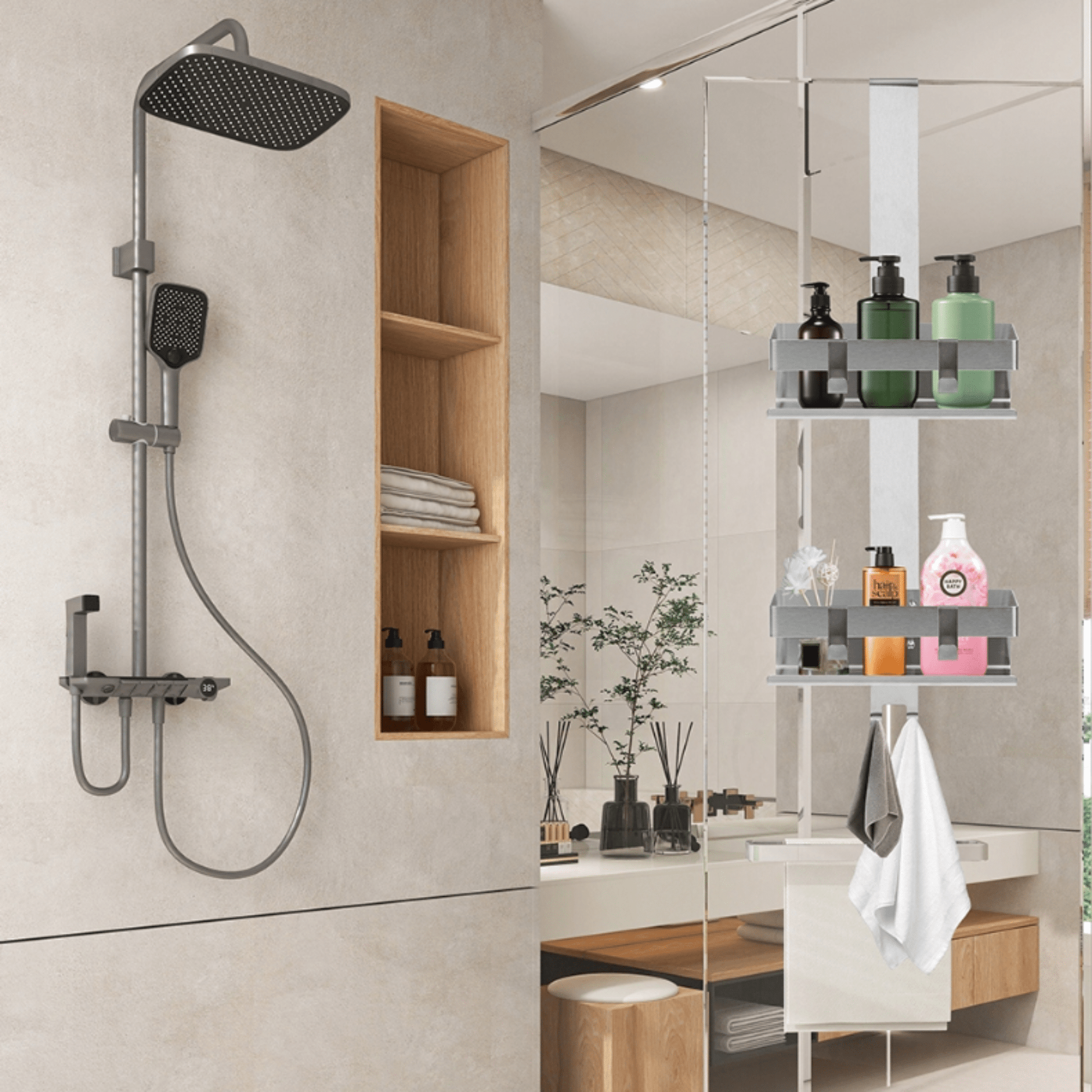 Dviejų lygių metalinė lentyna dušui su kabliukais rankšluosčiams