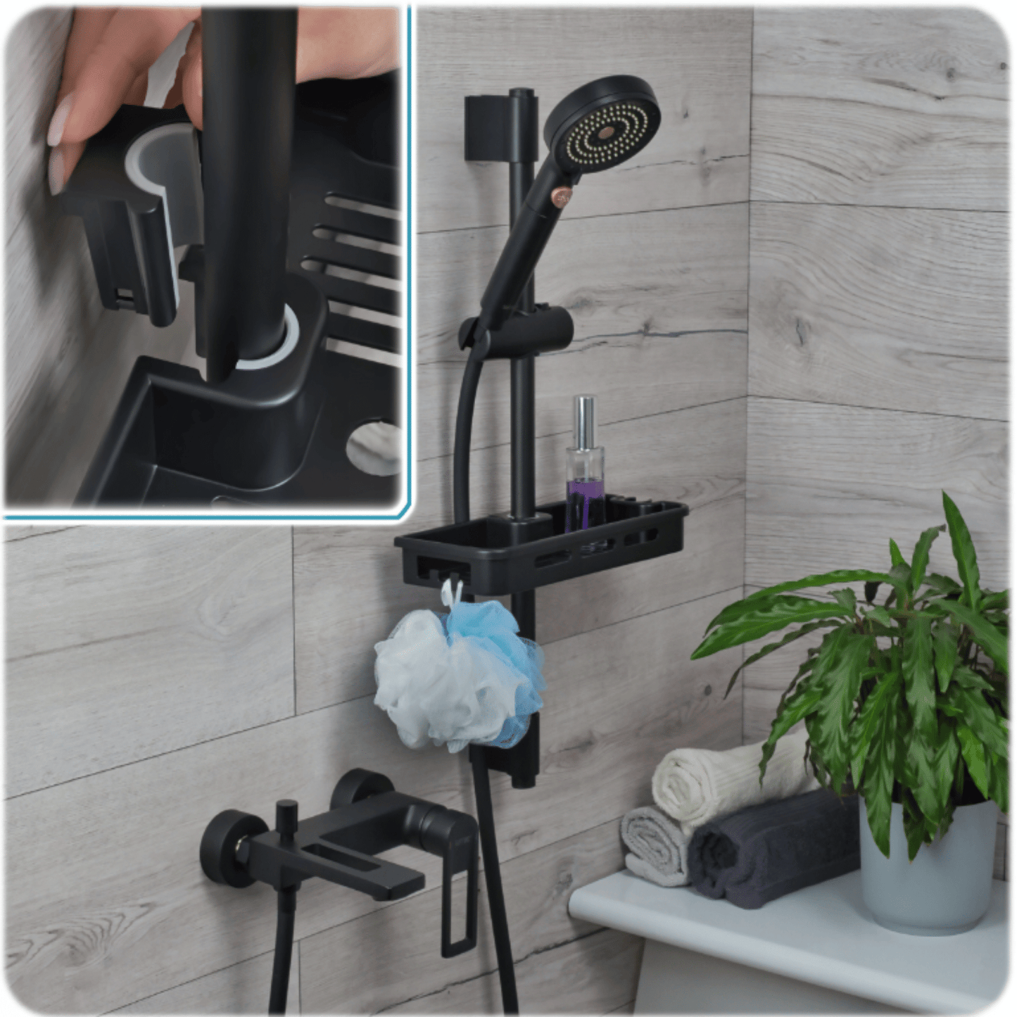 Plastikinė dušo lentyna kosmetikai su aukščio reguliavimu