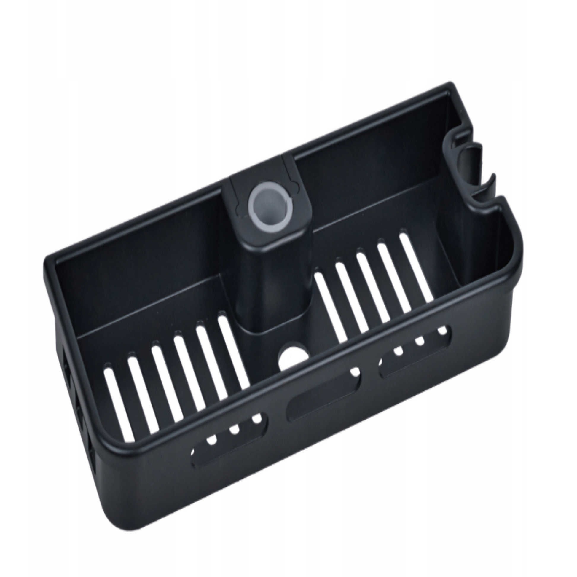 Juoda vonios lentynėlė higienos priemonėms su vandens nutekėjimo angomis