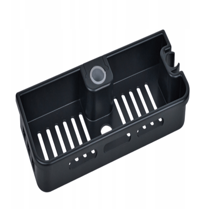 Juoda vonios lentynėlė higienos priemonėms su vandens nutekėjimo angomis