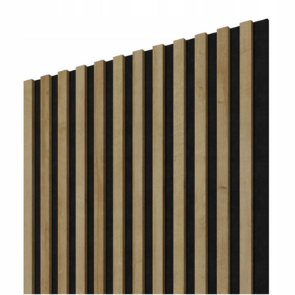Akustinės sienų plokštės ąžuolo spalvos ant juodo veltinio 240x60,5 cm