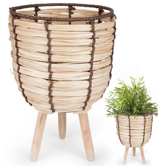 Medinis boho stiliaus vazonas su trimis kojomis, skirtas gyviems ir dirbtiniams augalams