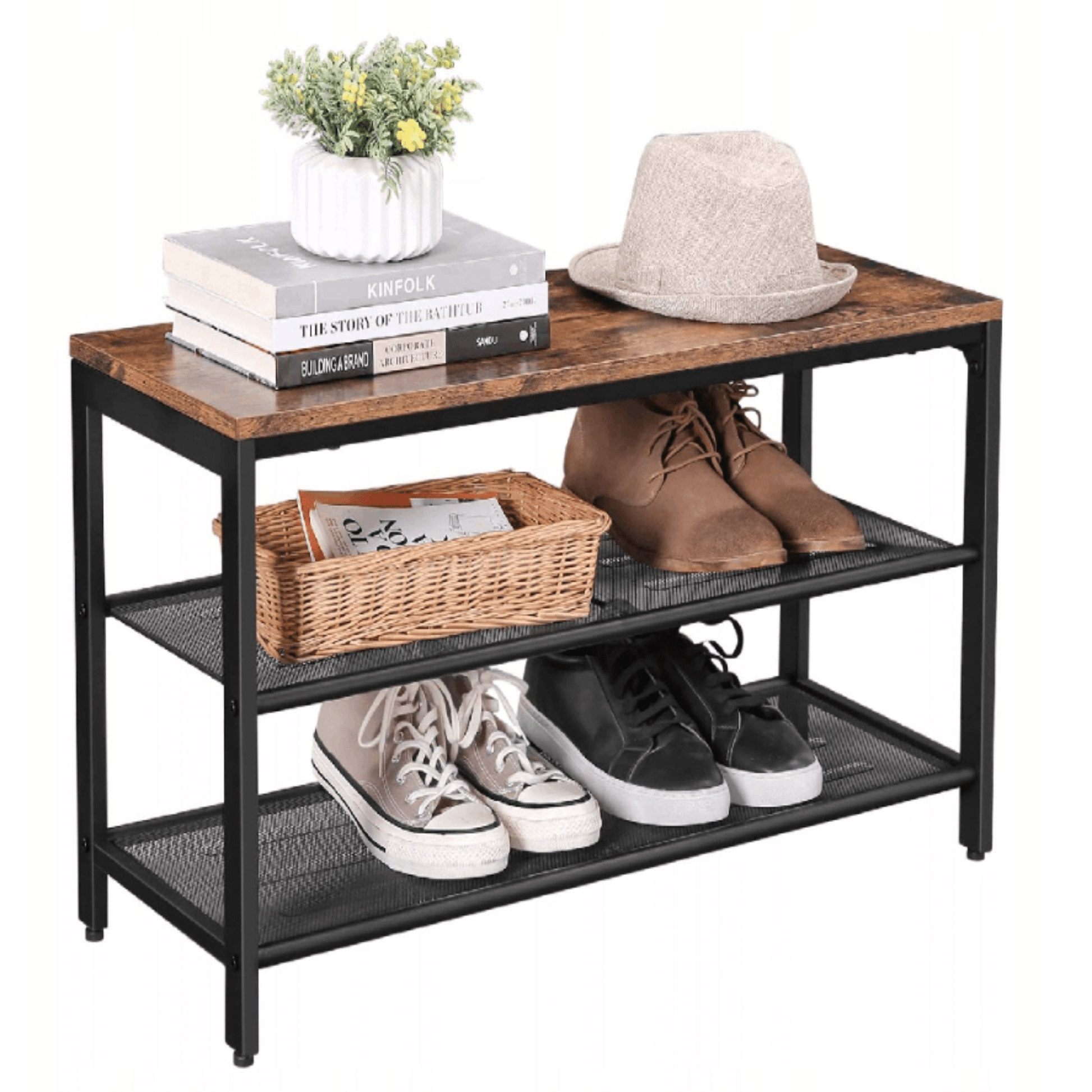 Tvirtas batų suoliukas su medžio drožlių plokštės viršumi ir vielinėmis lentynomis