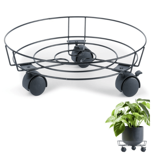 Apvalus juodas vazono stovas su trimis ratukais, skirtas patogiam augalų perkėlimui