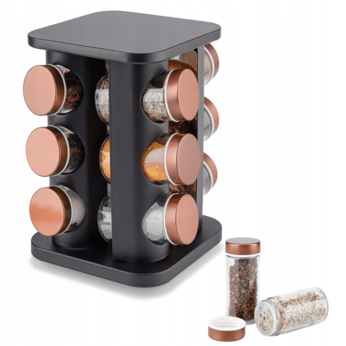 Stikliniai prieskonių indeliai stilingame nerūdijančio plieno stove