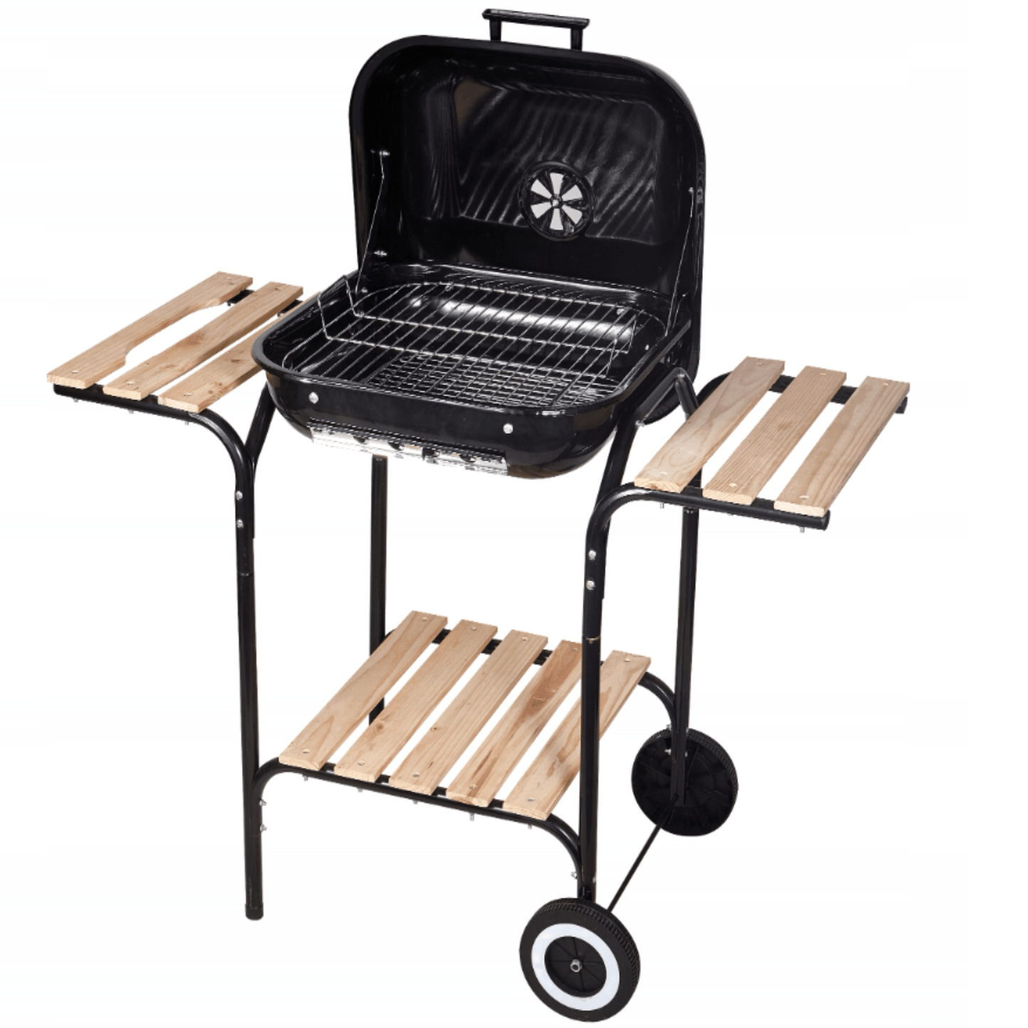 Nešiojamas anglies grilis su dangčiu ir šoninėmis lentynomis, skirtas kepimui lauke