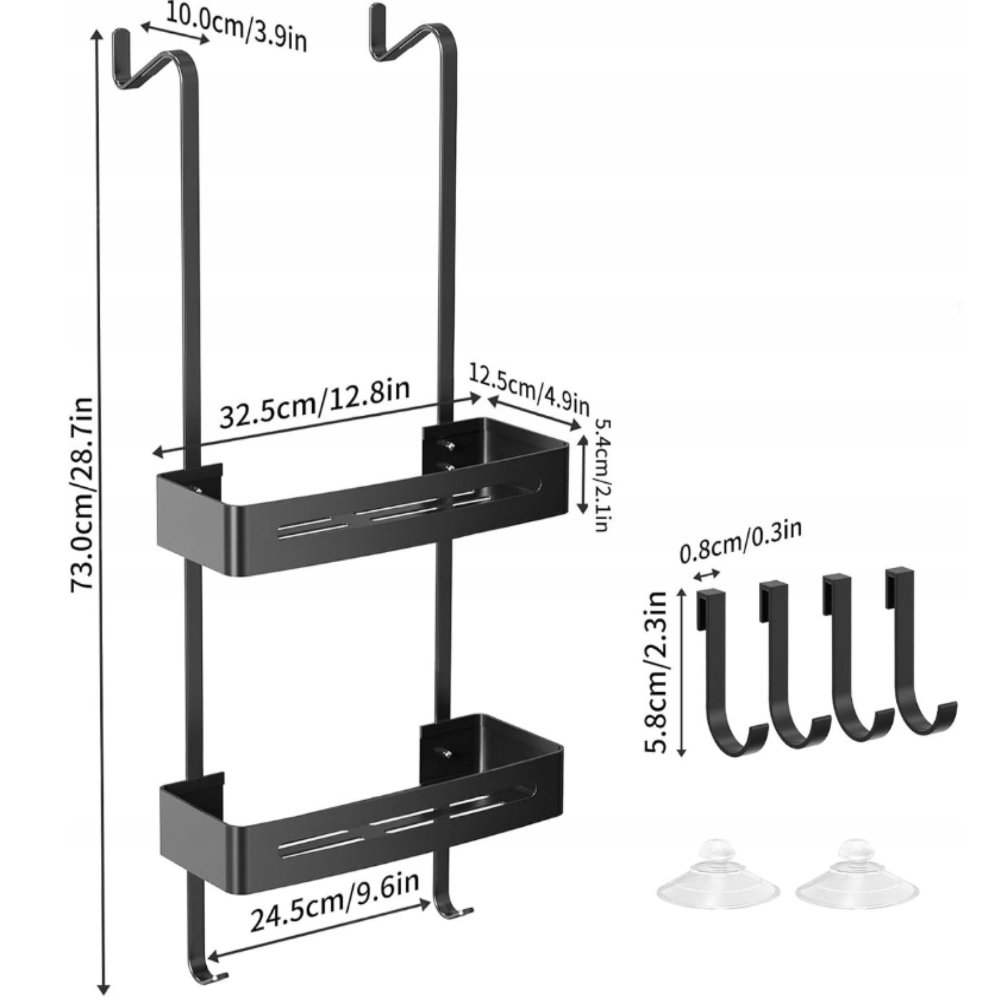 Juoda dviejų lygių dušo lentyna su tvirtais siurbtukais