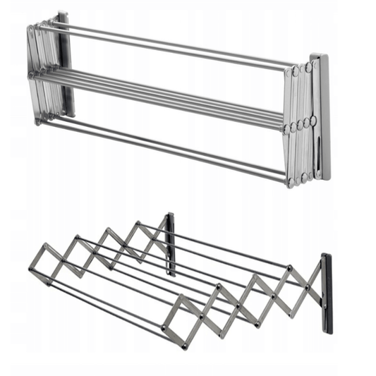 Išskleista sieninė skalbinių džiovyklė su ištraukiamais strypais