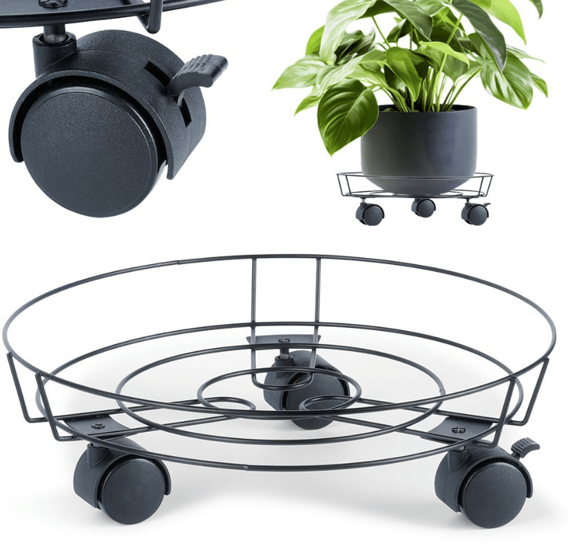 Stovas vazonui su 28 cm talpa ir 31,5 cm skersmens paviršiumi ant ratukų