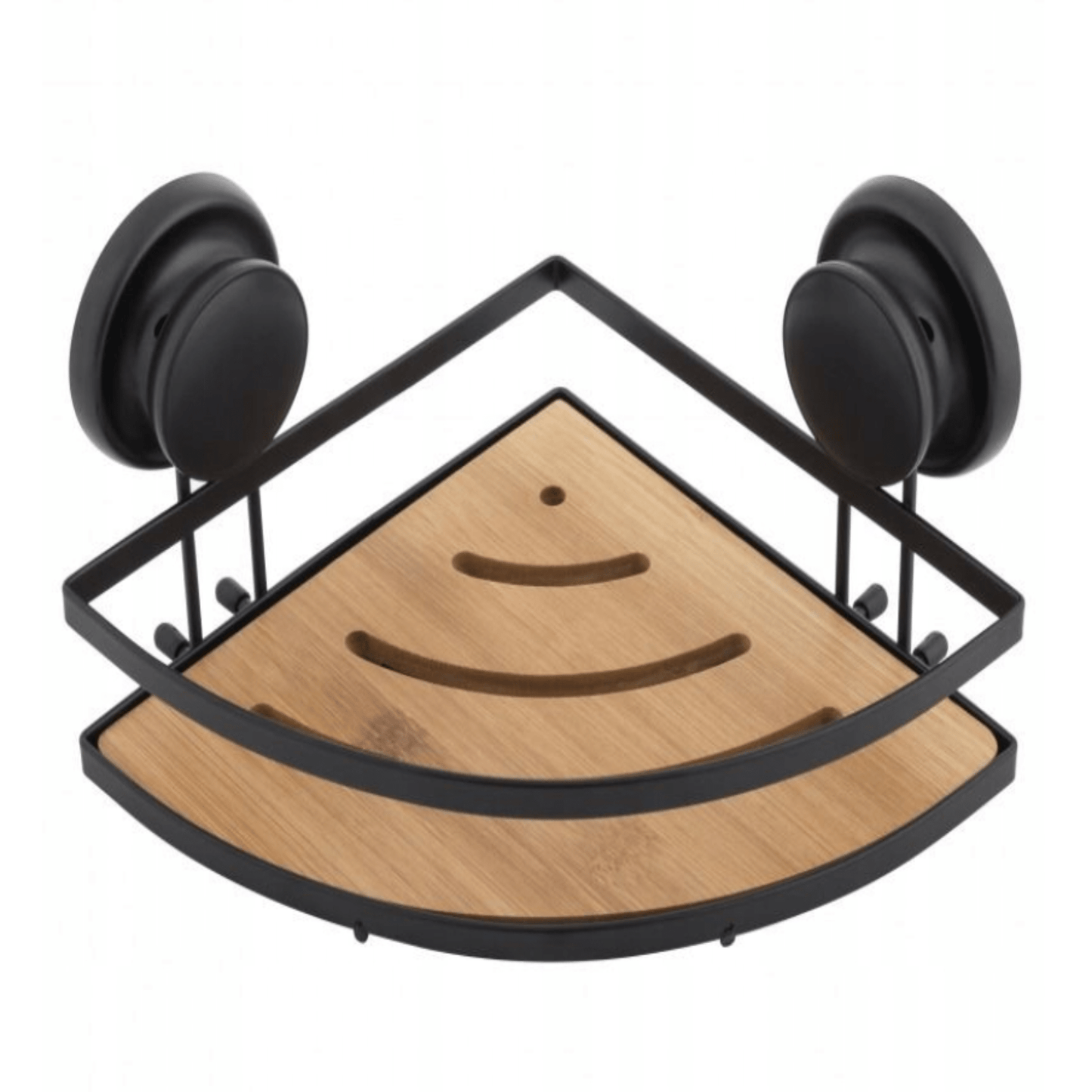 Kompaktiška metalinė lentyna vonios kampui su bambuko dekoro elementu