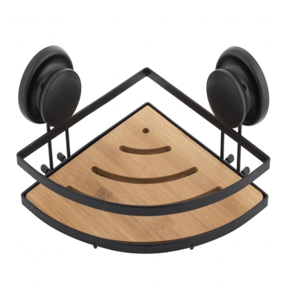 Kompaktiška metalinė lentyna vonios kampui su bambuko dekoro elementu