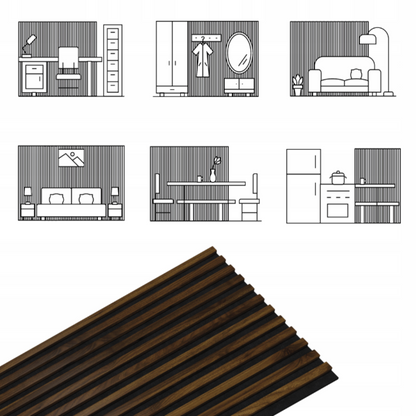 Dekoratyvinės akustinės sienų lamelės ant juodo veltinio 2400 × 605 mm.