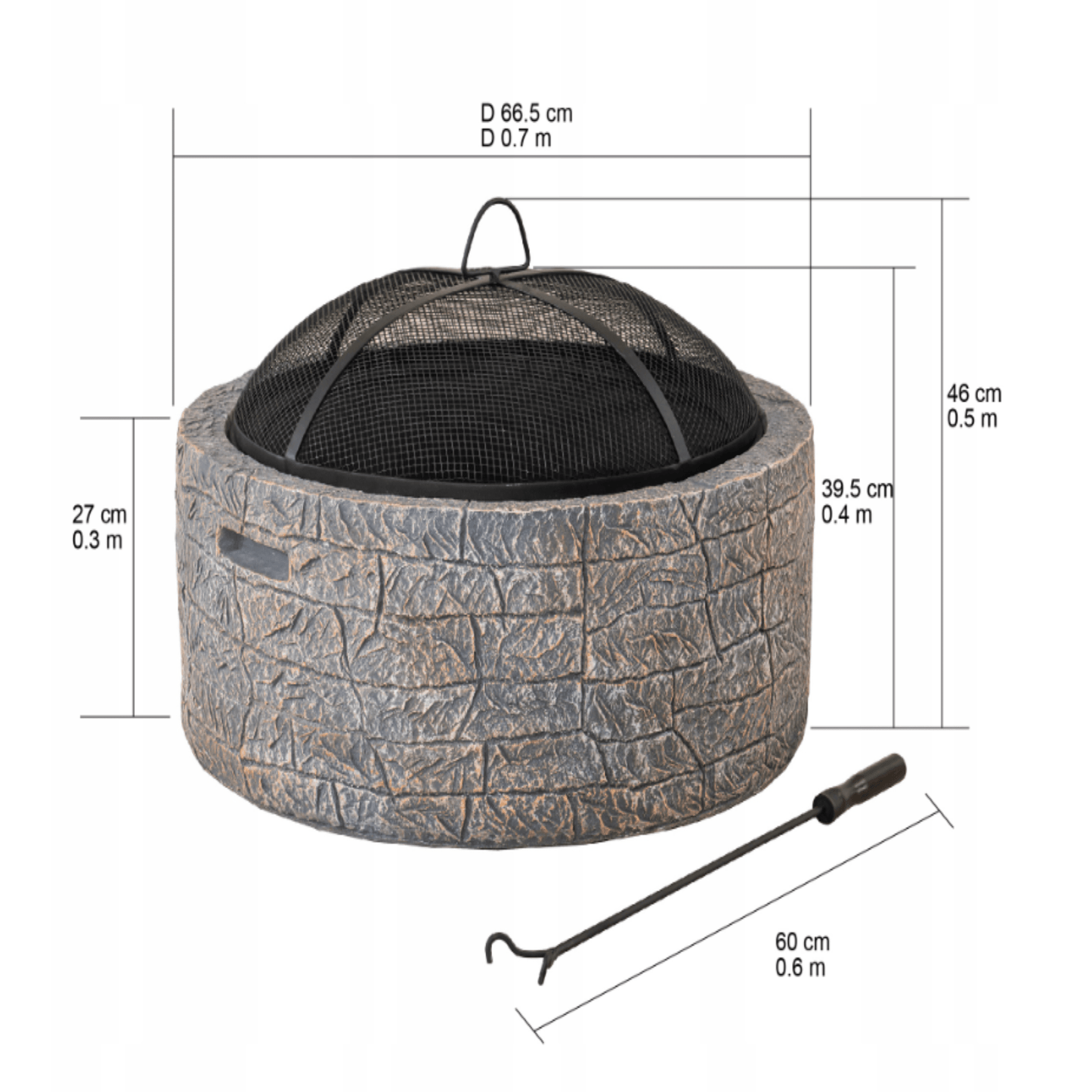 Lauko židinio su betono imitacija pilni išmatavimai. Šalia žarsteklio ilgis parodytas. Aukšta kokybė.