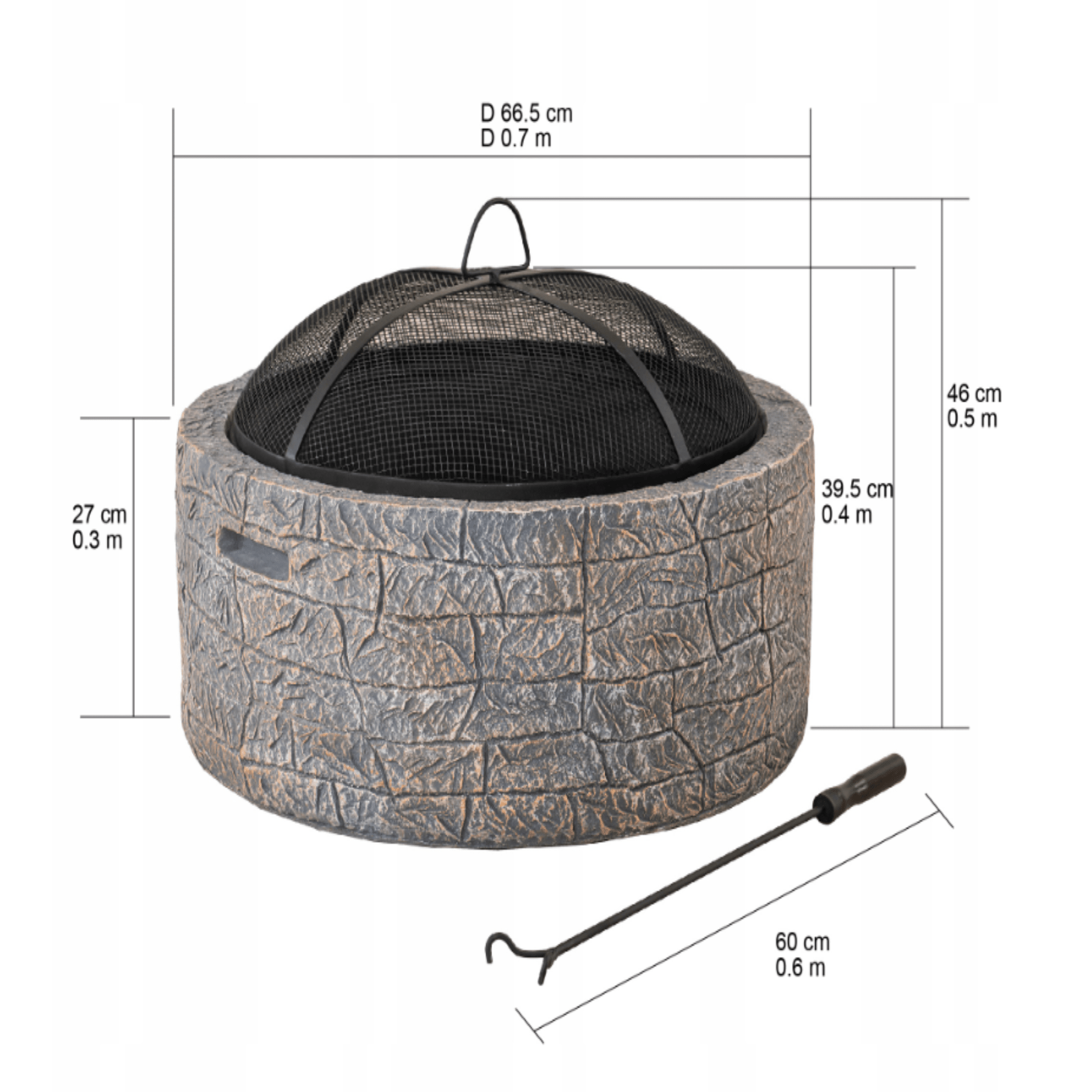 Lauko židinio su betono imitacija pilni išmatavimai. Šalia žarsteklio ilgis parodytas. Aukšta kokybė.