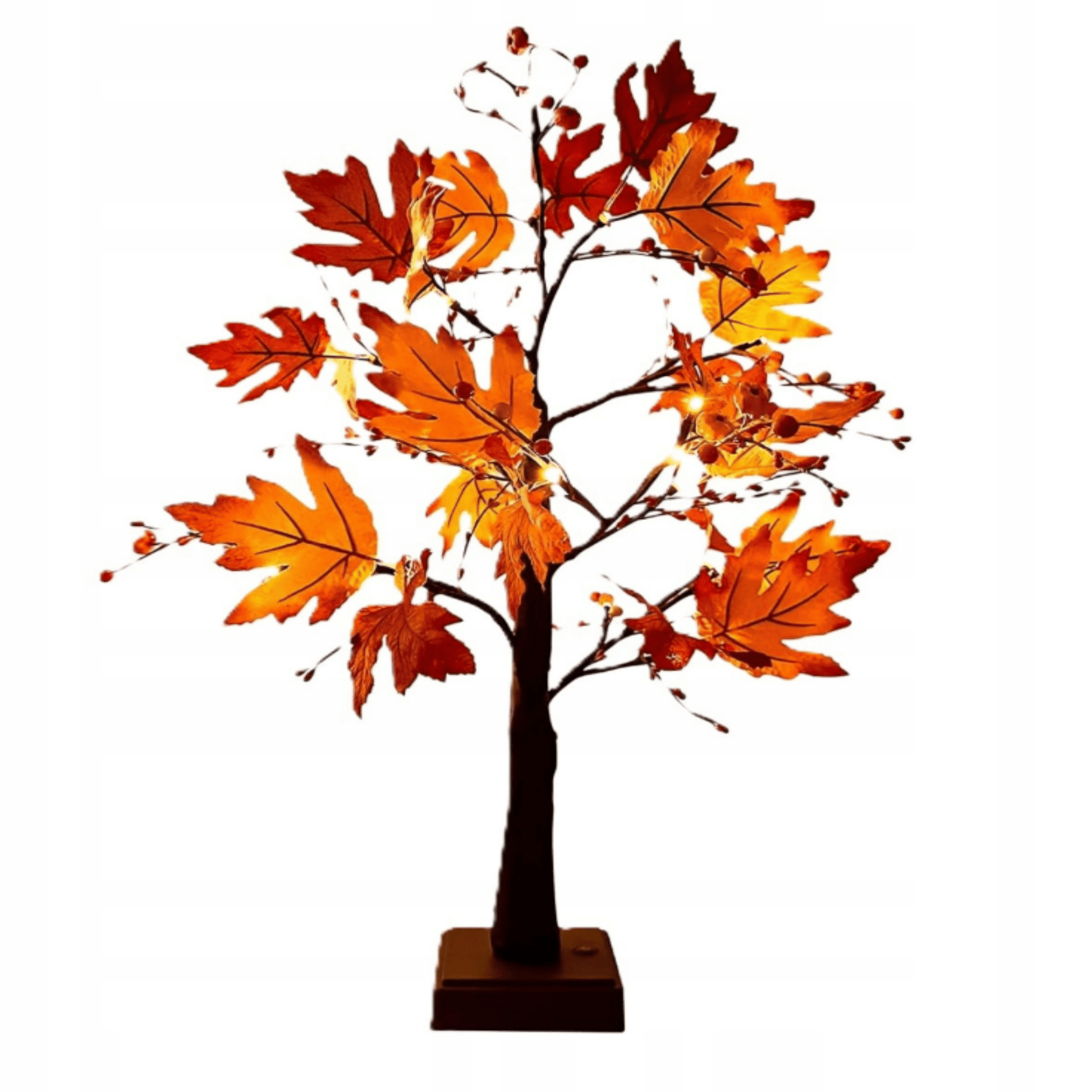 Rudeninė eglutės formos stalo dekoracija su LED šviesomis ir geltonais klevo lapais