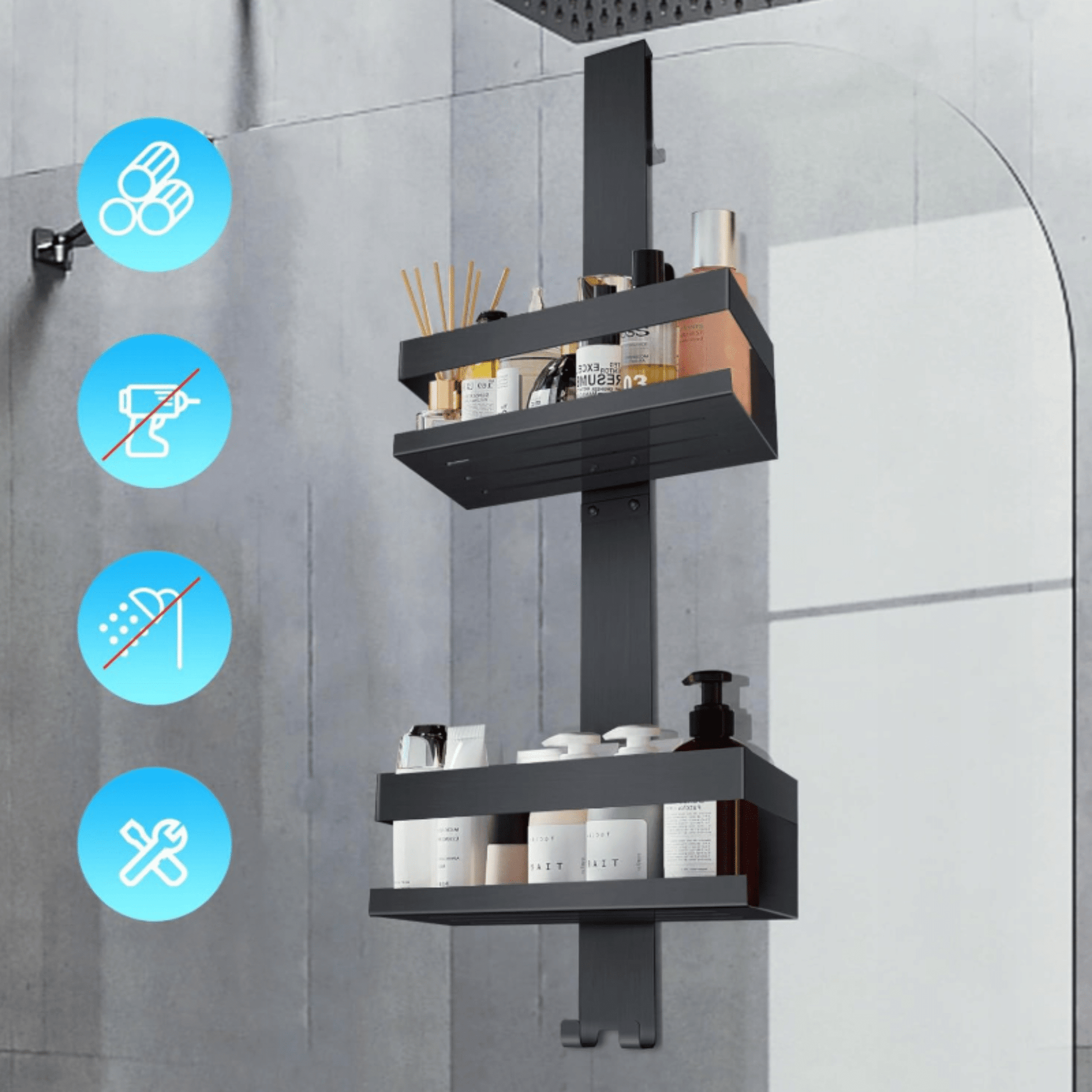 Nerūdijančio plieno vonios lentyna su nuimamais kabliukais