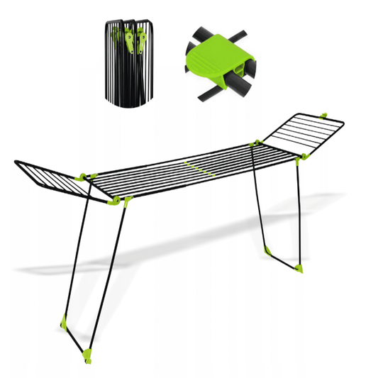 Juoda, teleskopinė su žaliu akcentu skalbinių džiovyklė vidaus ir lauko naudojimui