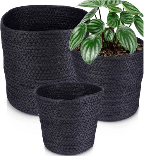 Trijų dydžių vazonų rinkinys pintų krepšelių formos su patraukliu raštu