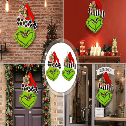 Linksmas „Grin-ch“ Kalėdų durų dekoras su ryškiomis spalvomis 40x30 cm