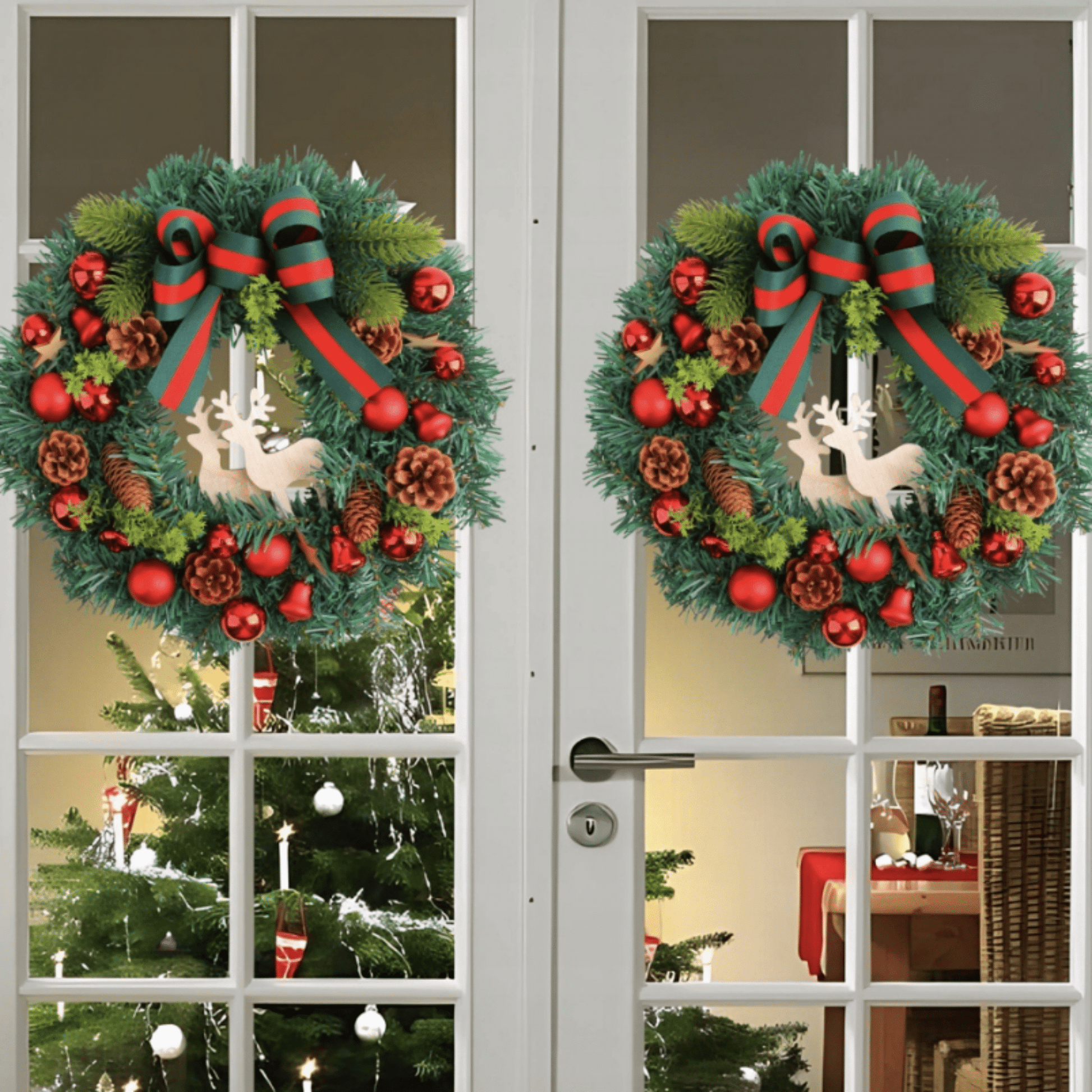 Premium kokybės kalėdinis vainikas durims ar stalui su elnių figūrėlėmis ir žaliomis šakomis