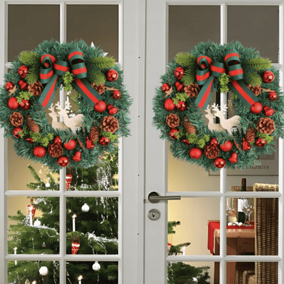 Premium kokybės kalėdinis vainikas durims ar stalui su elnių figūrėlėmis ir žaliomis šakomis