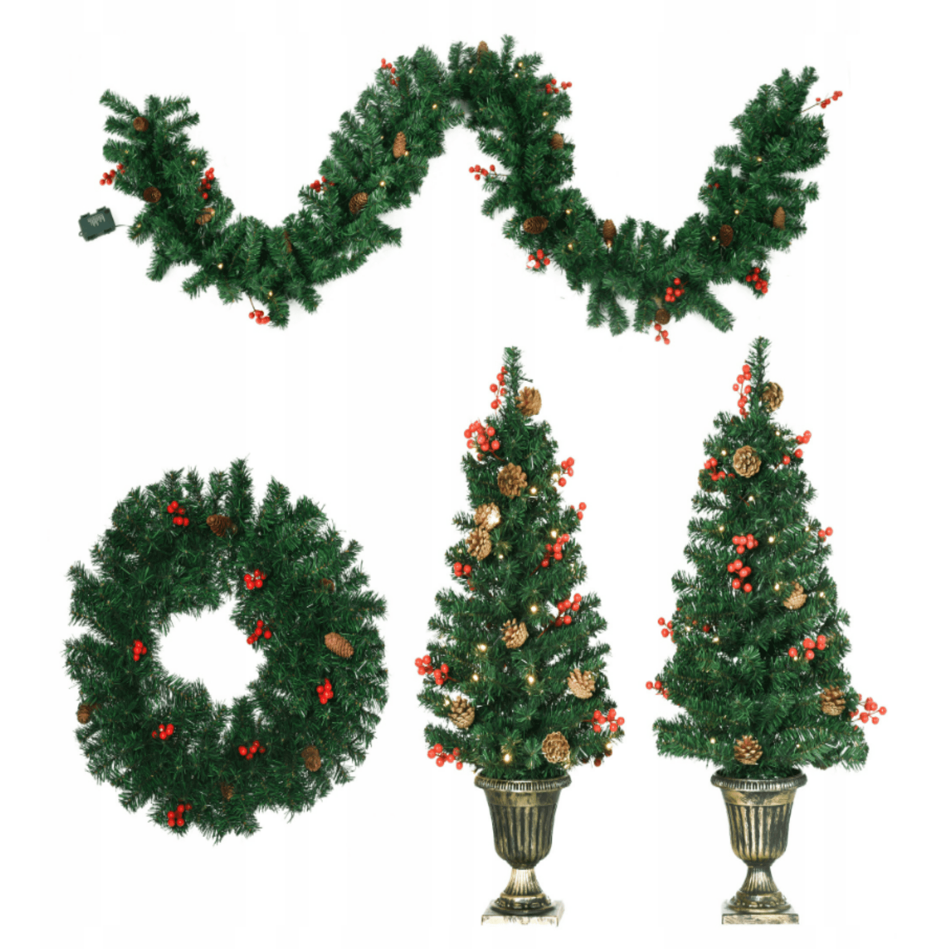 Žalias kalėdinis dekoracijų rinkinys su LED šviesomis lauko durims