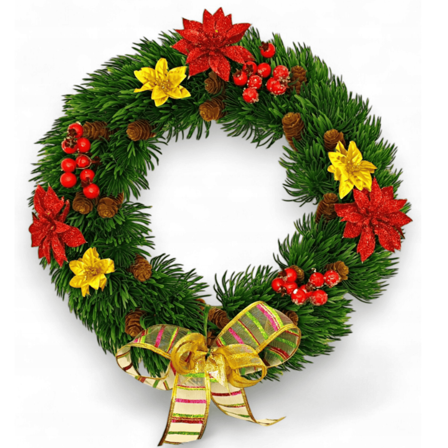 Rankų darbo Kalėdų vainikas su kankorėžiais ir šermukšniais ant sienos