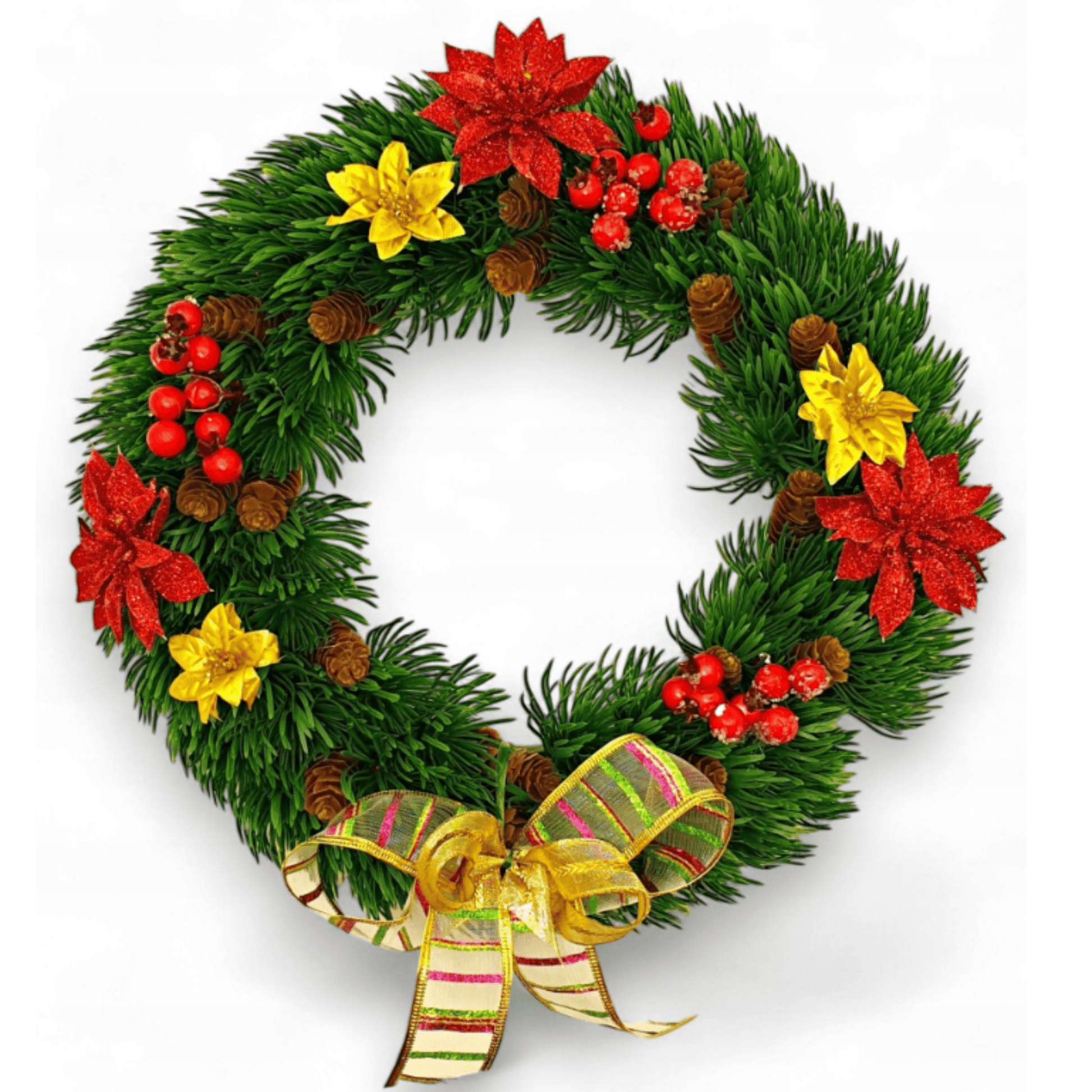 Rankų darbo Kalėdų vainikas su kankorėžiais ir šermukšniais ant sienos